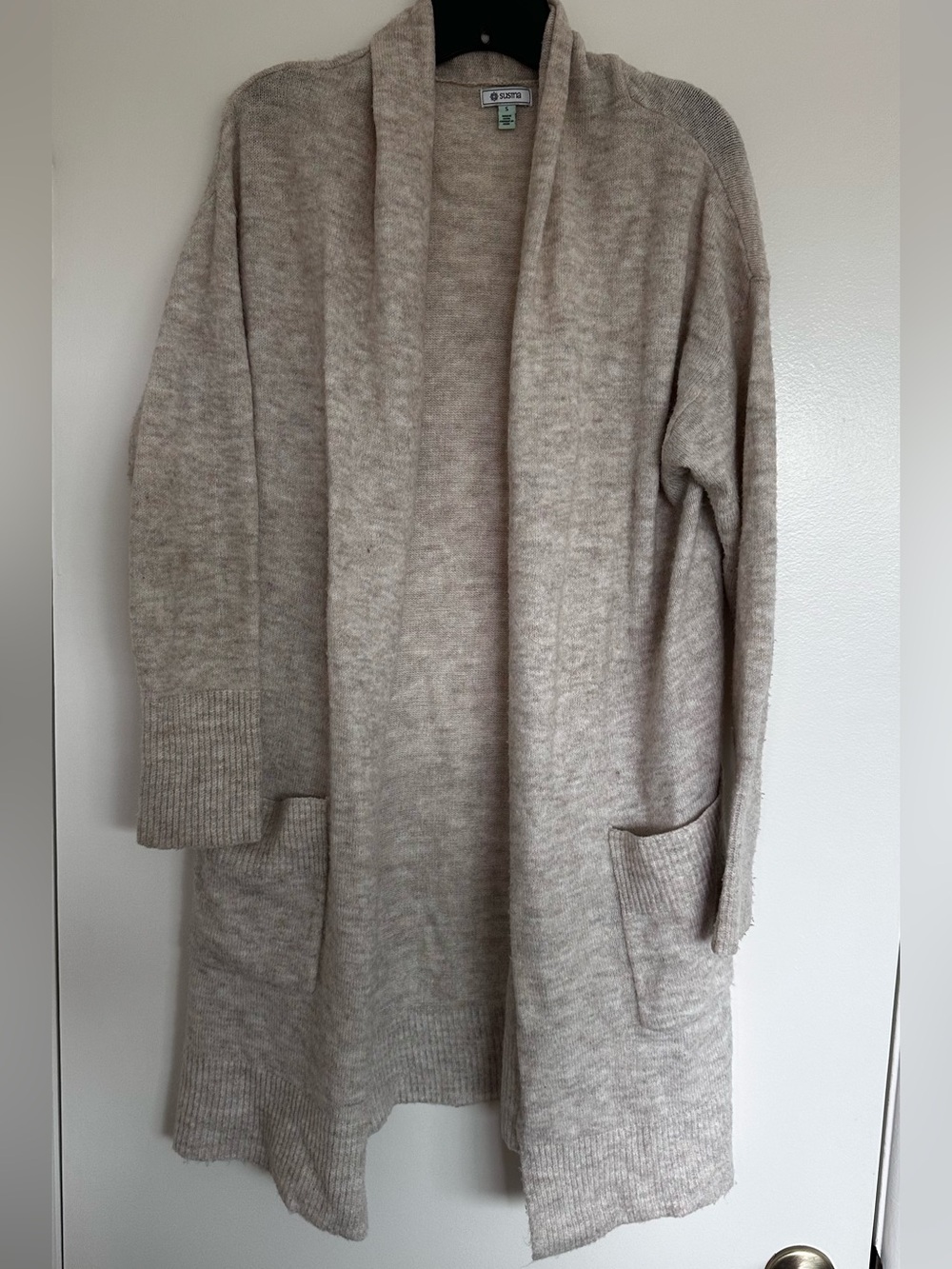 Susina Open-Front Long Cardigan in Heathered Beige